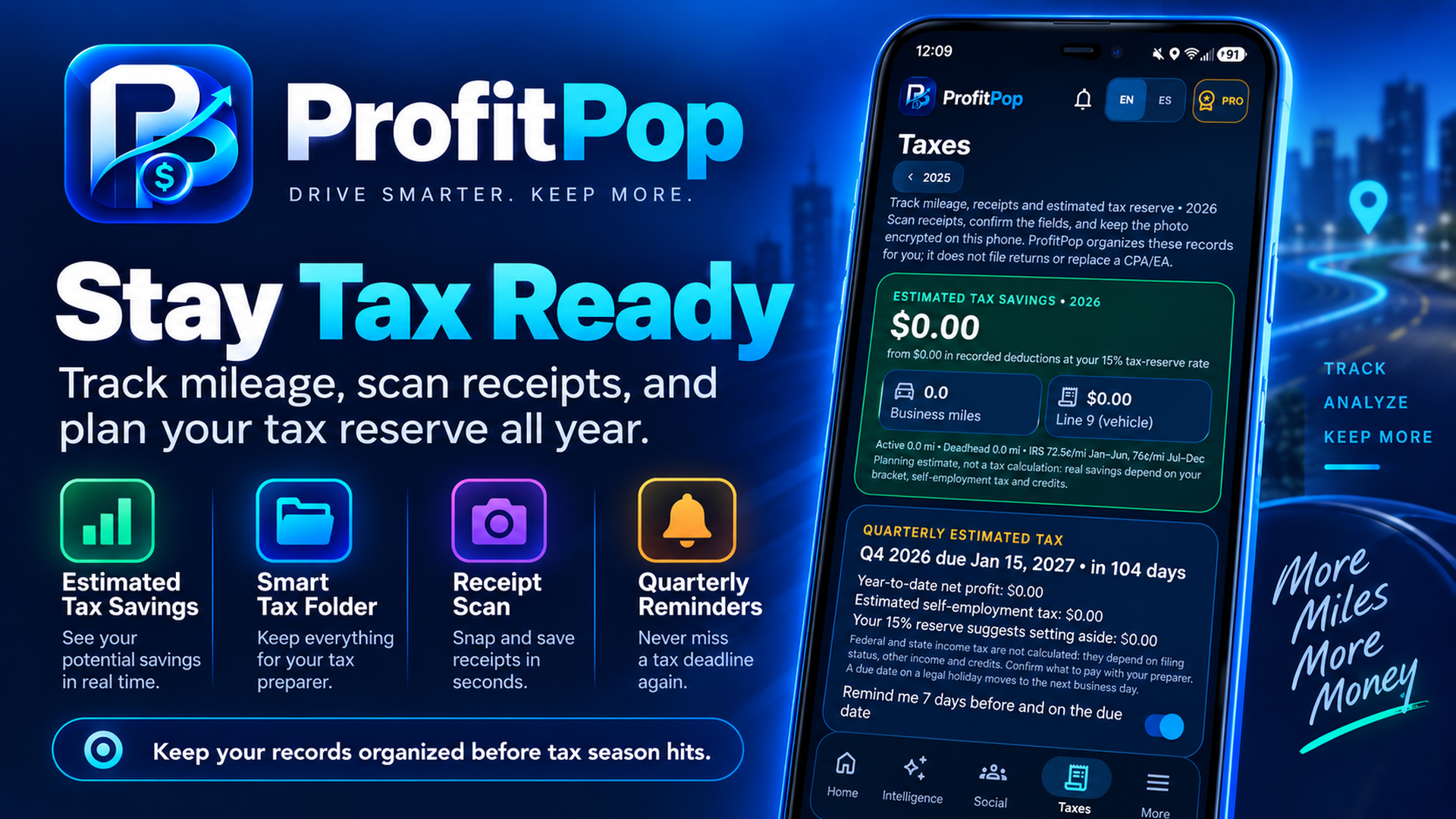 ProfitPop tax screen on a phone next to the Stay Tax Ready headline: estimated tax savings, mileage, receipt scanning and quarterly reminders.